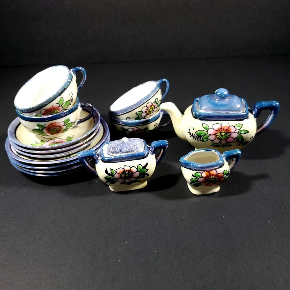 Vintage 1950s Japanese Lusterware 14 Piece Tea Set blue rim orange blue flowers